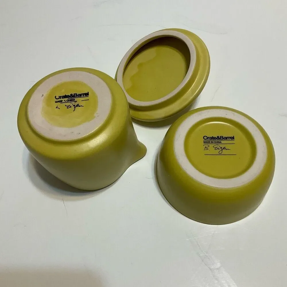 Crate & Barrel Creamer and Sugar Bowl. Signed B. Eigen. Pea green